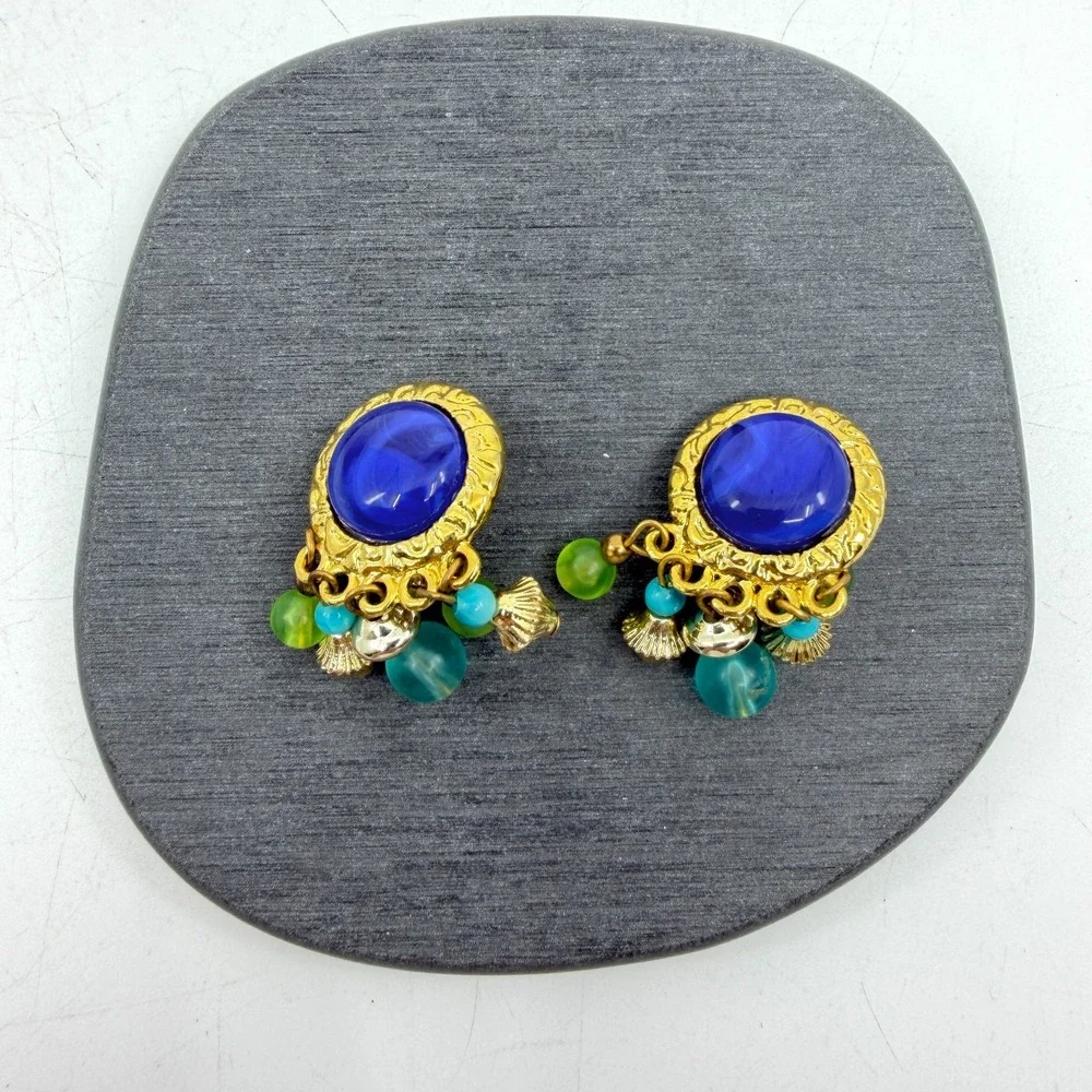 Blue Teal Green Beaded Clip On Earrings Gold Tone Cabochon Boho Statement Gift